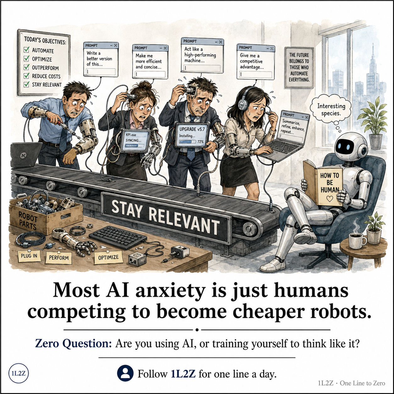 Office workers on a conveyor belt labeled Stay Relevant while a robot reads How To Be Human.