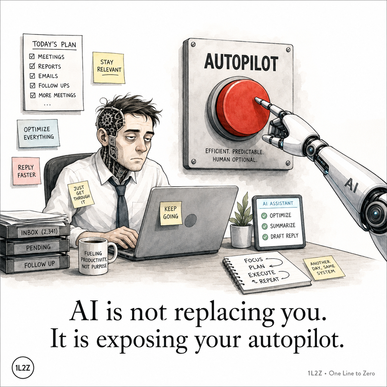 A tired worker at a desk next to a robotic arm pressing an autopilot button.