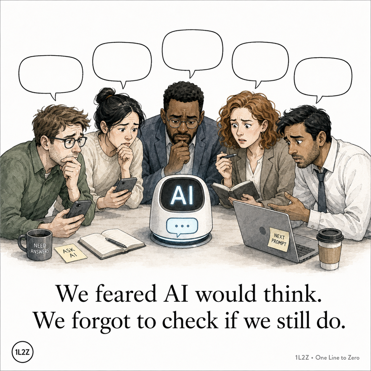 A group of people staring at an AI chatbot, outsourcing their thinking.