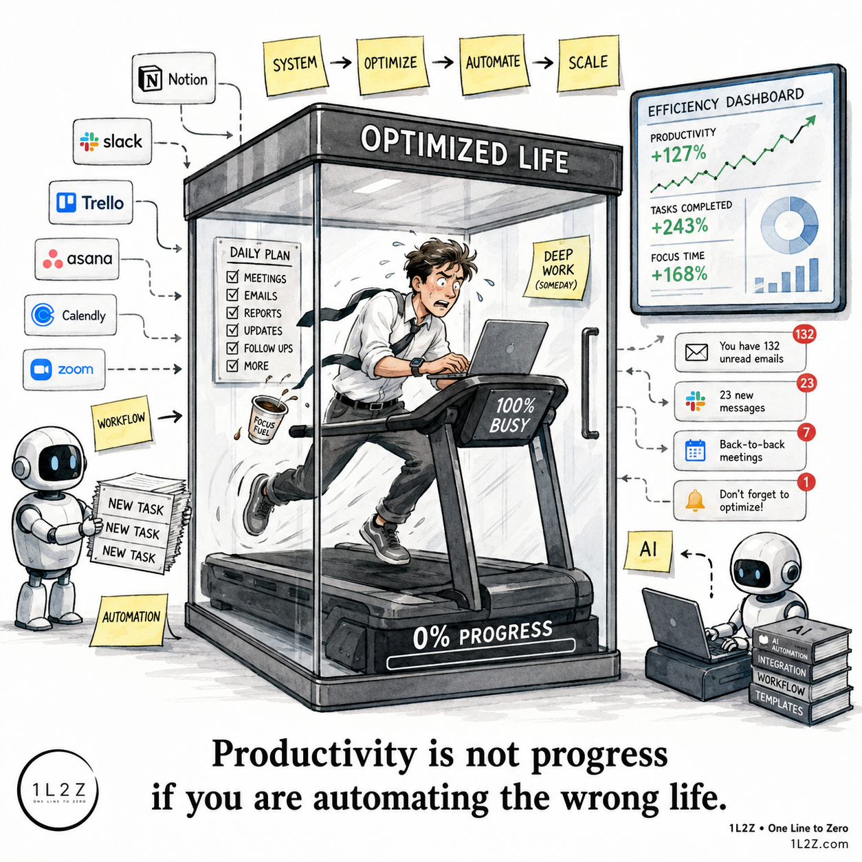 A person running on a treadmill surrounded by to-do lists.